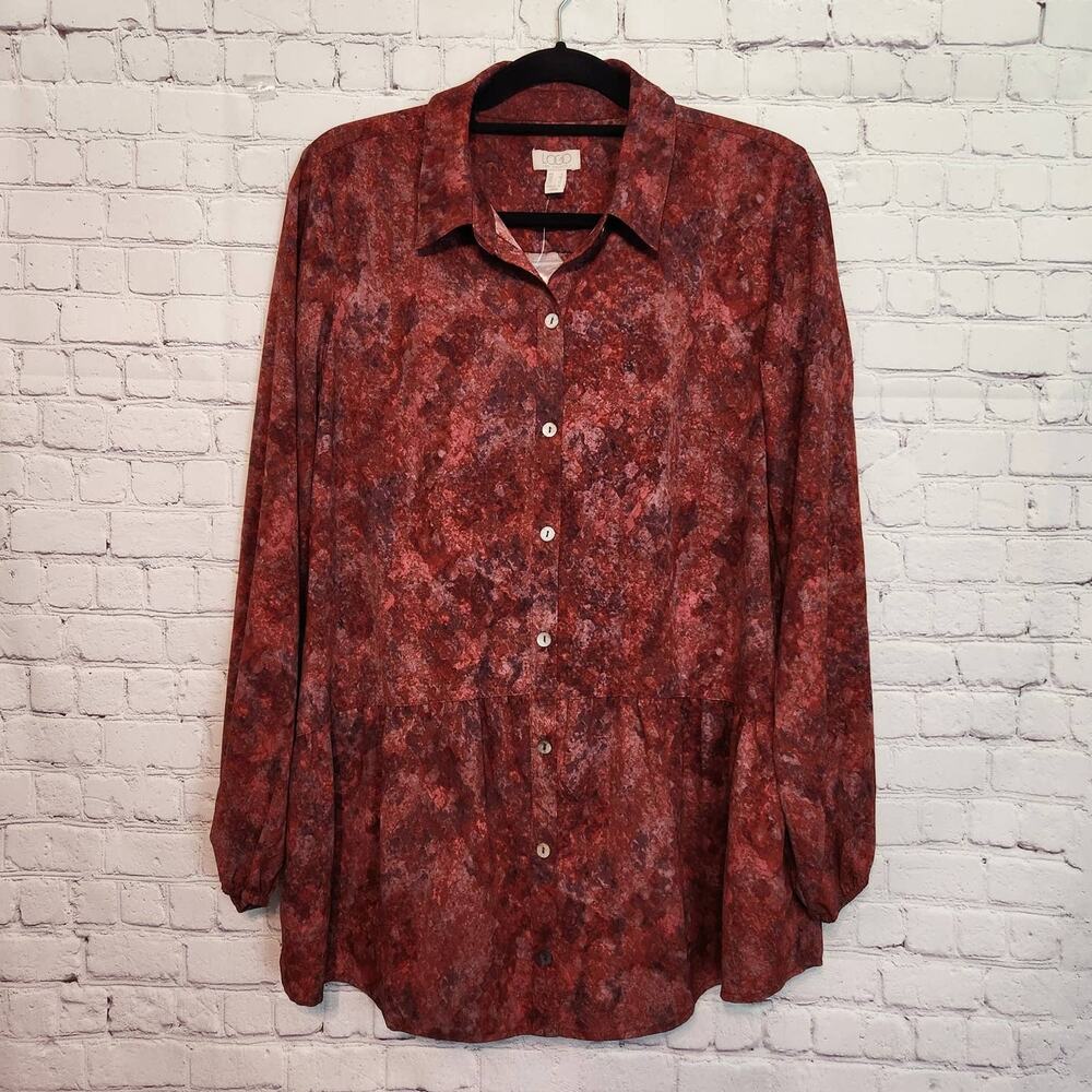NWOT LOGO by Lori Goldstein Stretch Woven‎ Button Front Blouse Crimson Women's S